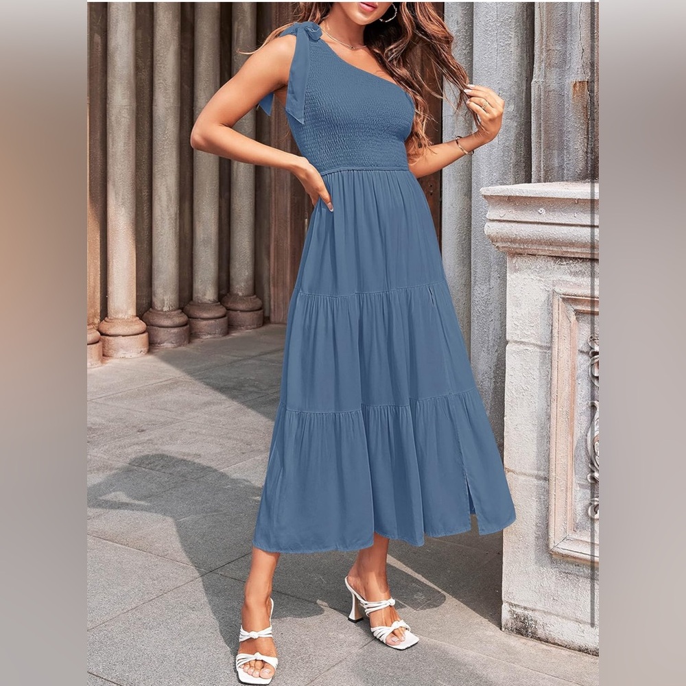 MEROKEETY One Shoulder Sleeveless Knot Smocked Split Tiered Flowy Midi Dress - Picture 8 of 14